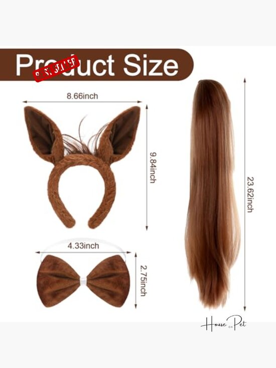 Horse Ears Headband, Bow Tie & Tail Set - Plush Fabric Halloween Cosplay